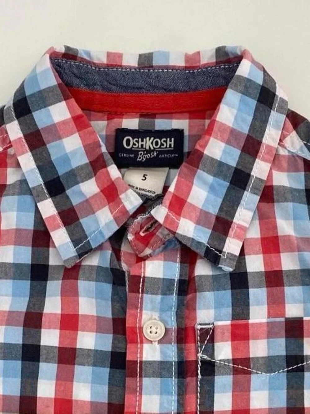 OshKosh B'gosh Red Blue White Plaid Button Down Shirt Long Sleeves Preppy Size 5